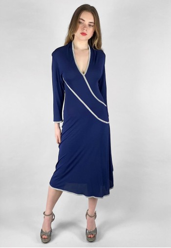 70's Janice Wainwright Vintage Blue Slinky Long Sleeve Dress