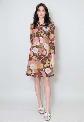 60's Vintage Pussy Bow Floral Brown Long Sleeve Mini Dress