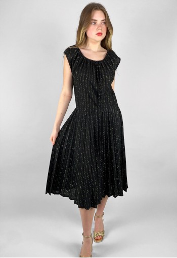 70's Vintage Black Pleated Midi Dress Gold Lurex Thread
